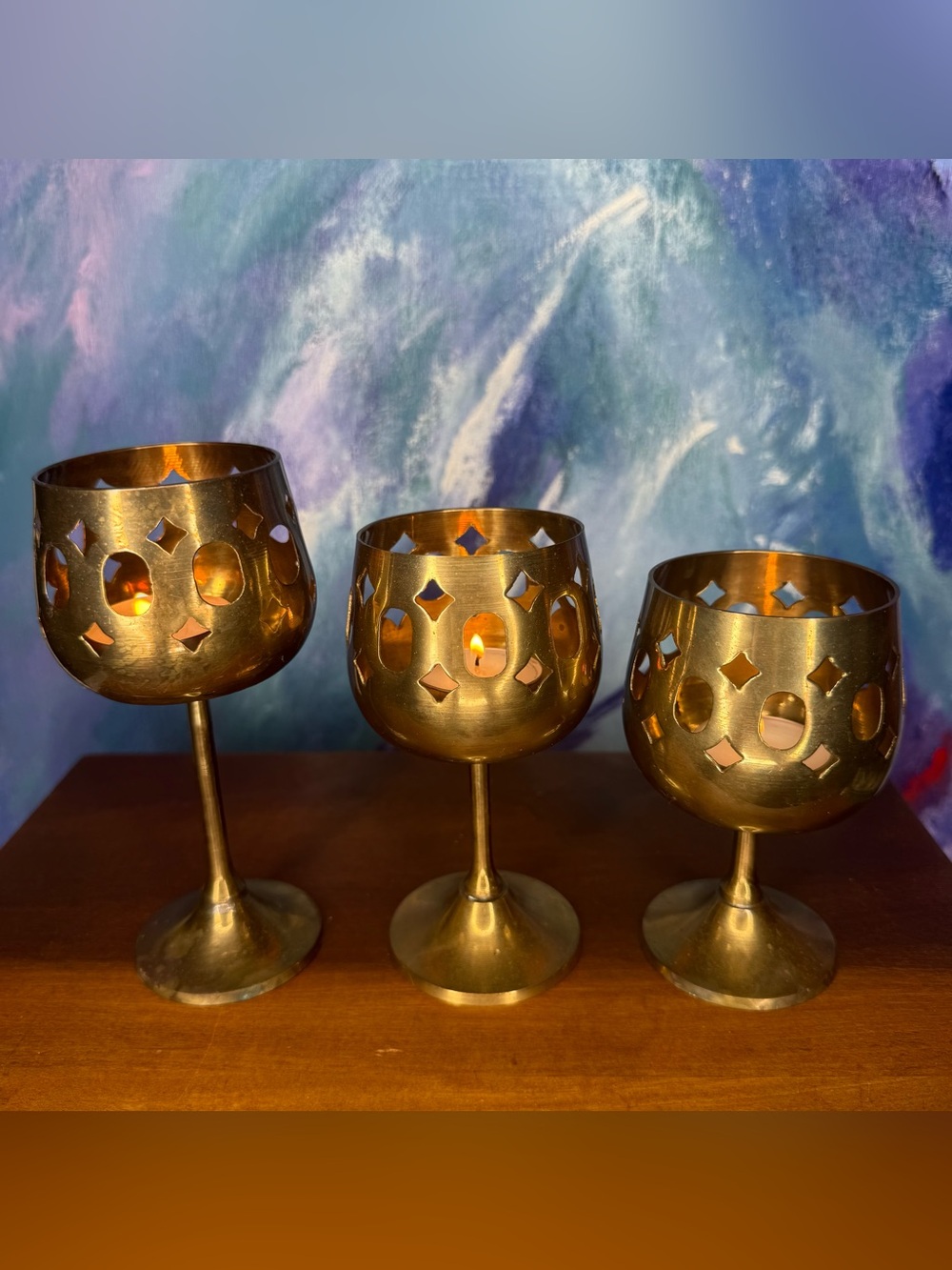 Brass Pierced Candle Holders Set of 3 Vintage Tea Light Votive Tiered Long Stem